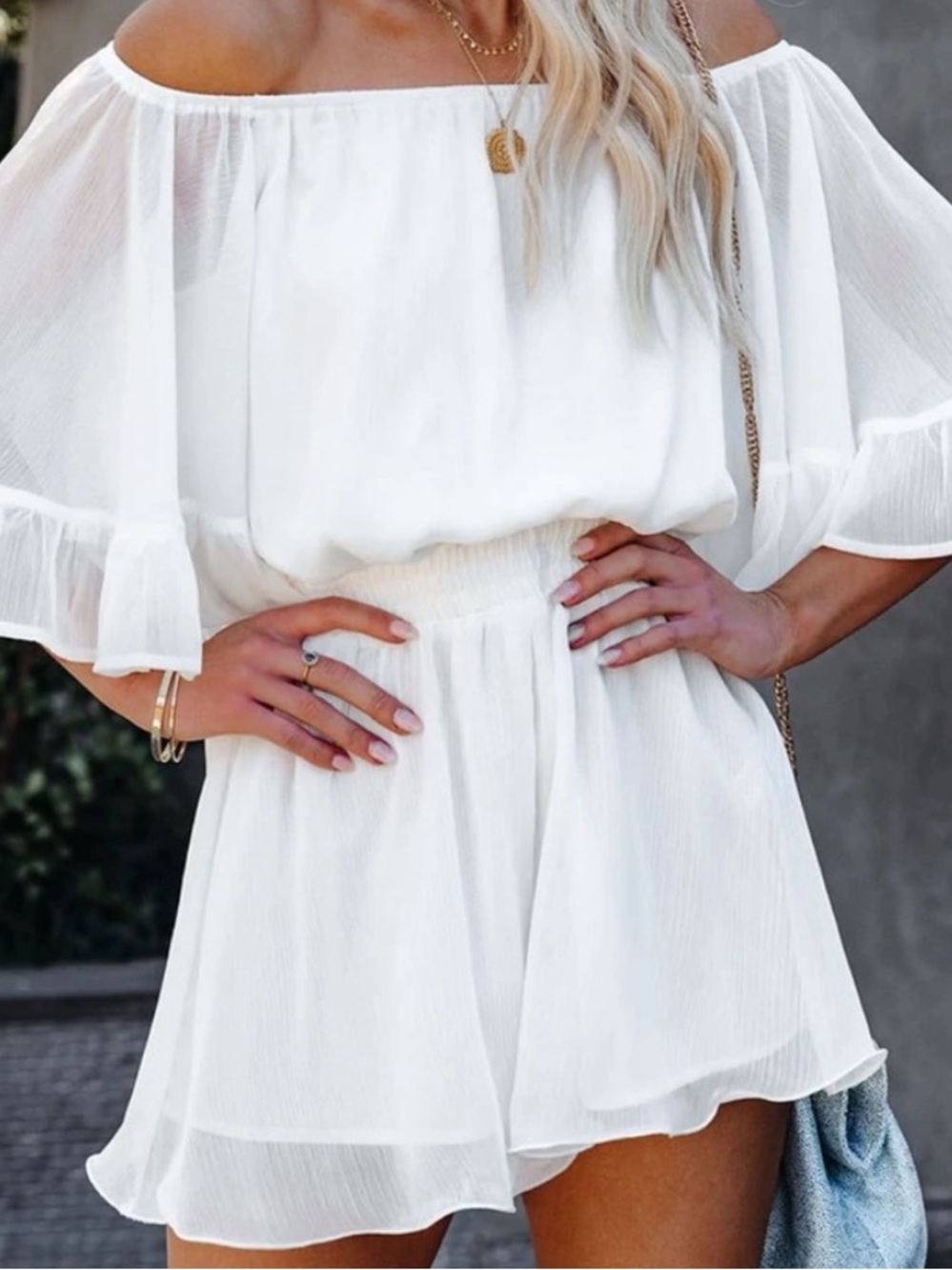On or Off-Shoulder White crisp chiffon like layered Romper with built-in shorts